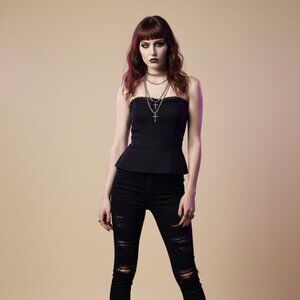 White House Black Market Black Peplum Strapless Top Sheer Ruffle Size 8